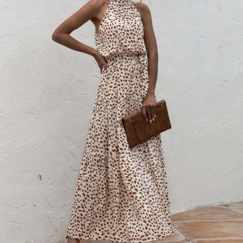 Boho cream brown  halter dot belted maxi dress - Picture 9 of 11